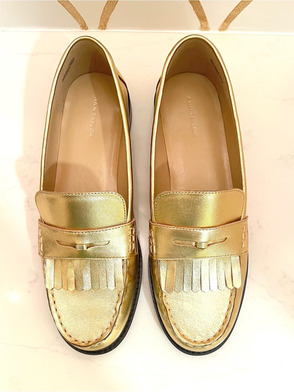 Ann Taylor Gold Metallic Leather Fringe Preppy Classic Penny Loafers - Picture 3 of 11